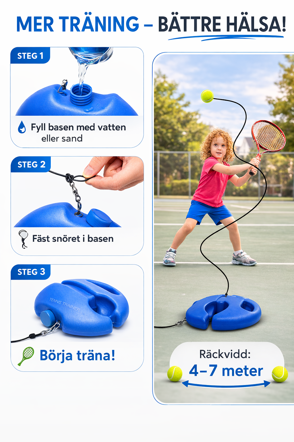 Bærbar tennistræner med reboundbold