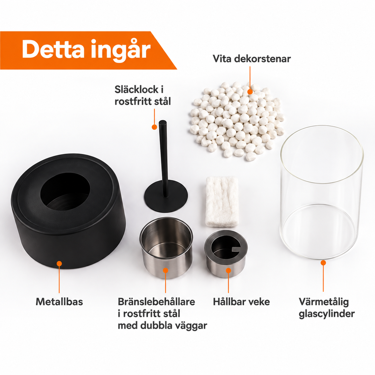 Detta ingår: metallbas, släcklock, bränslebehållare, veke, glascylinder och dekorstenar