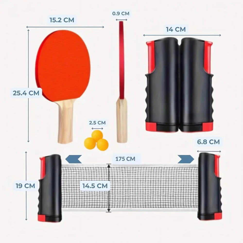 Portabelt bordtennis-set – Utdragbart pingisnät + racketar & bollar