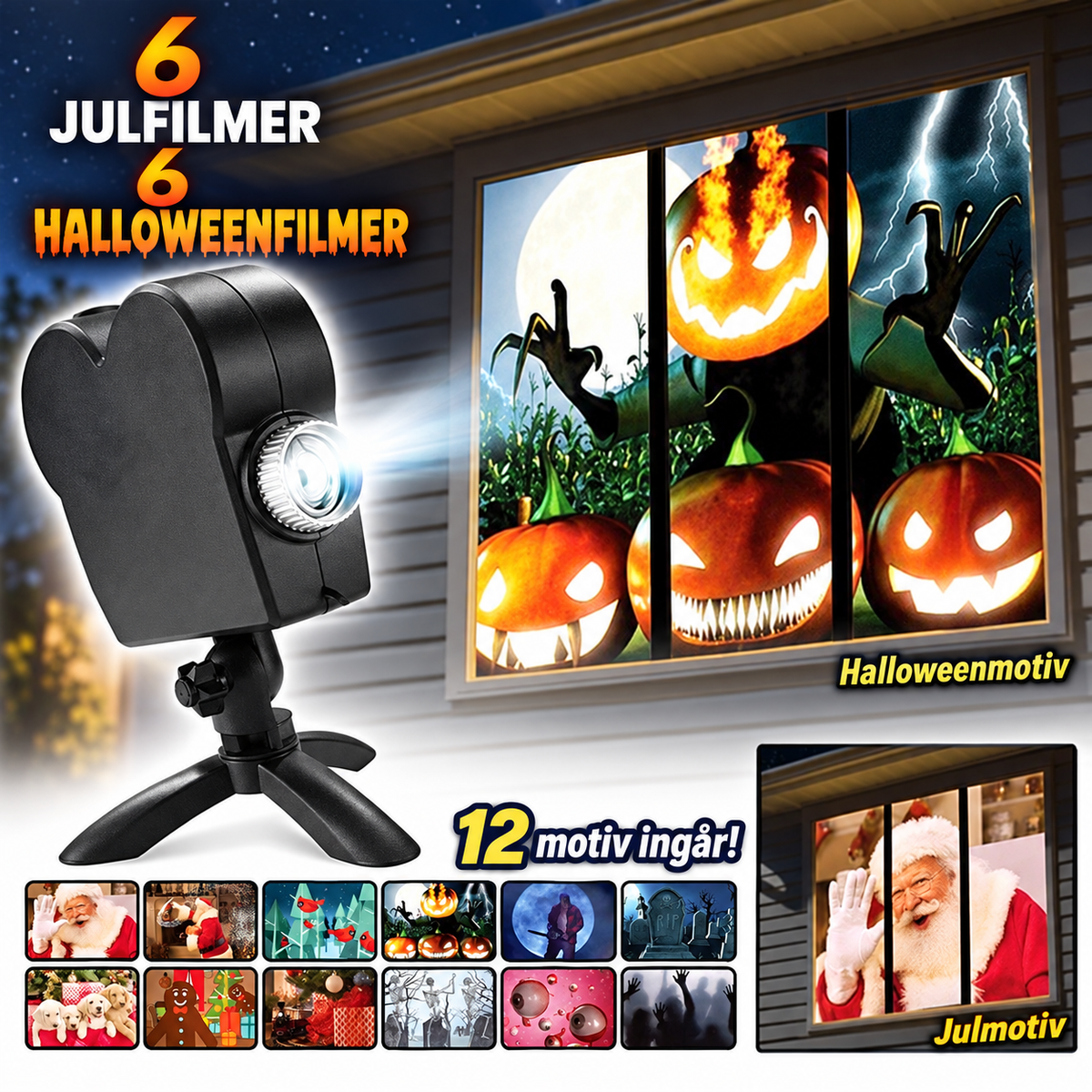 Fönsterprojektor för Halloween & Jul – 12 animerade filmer