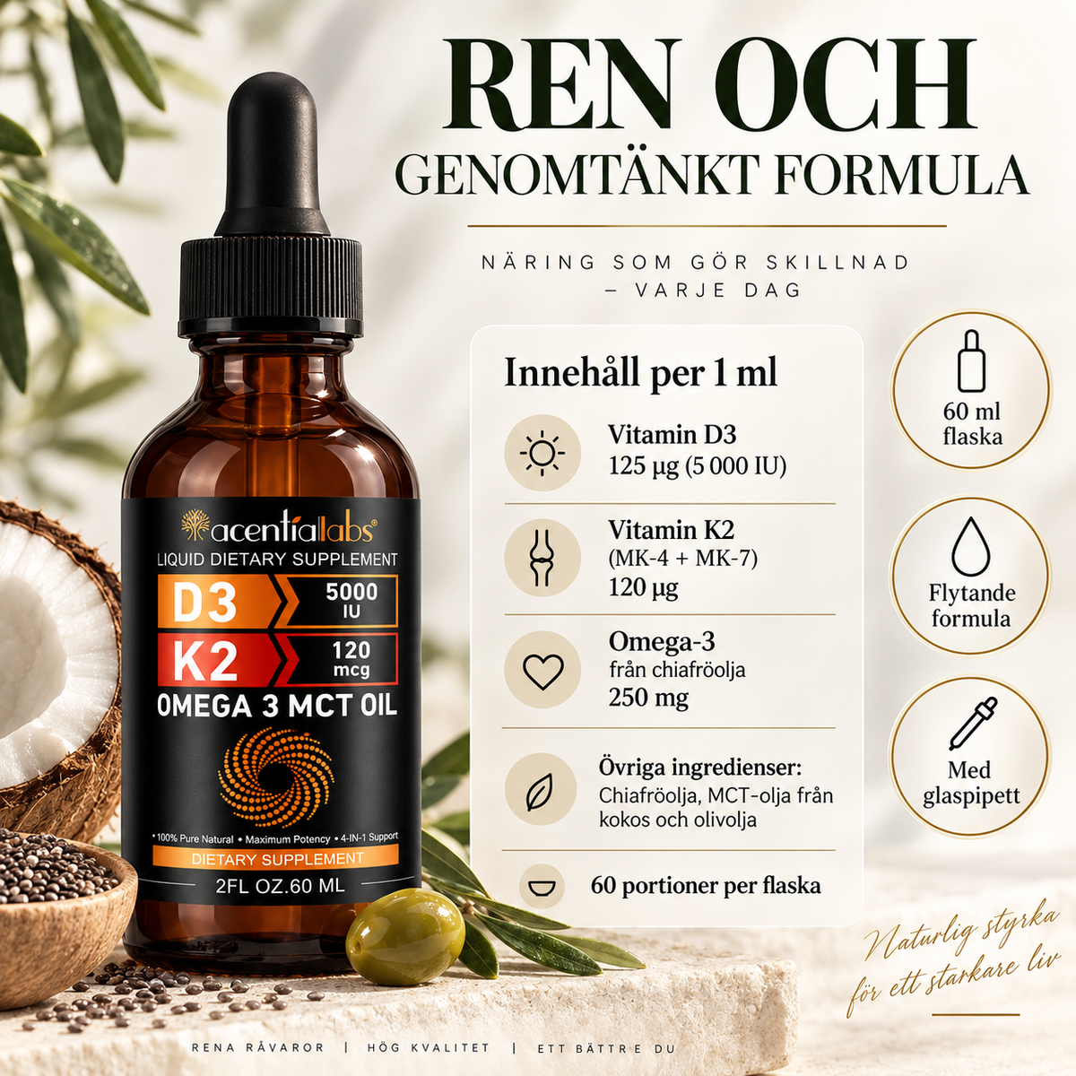 D3 + K2 + Omega-3 droppar – högkoncentrerad