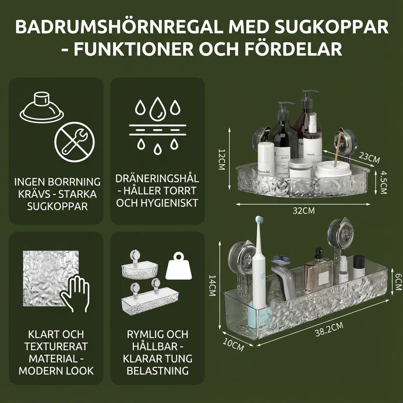 Badeværelseshjørnereol med sugekopper