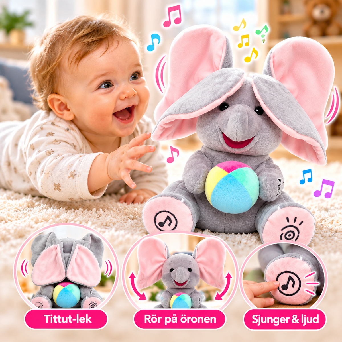 Interaktiv Syngende Elefant med Peek-a-Boo og Musik