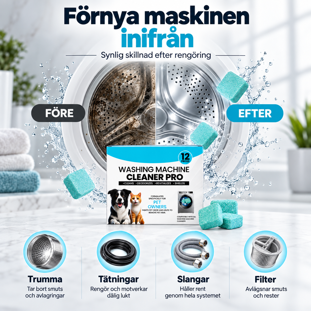 Rengöringstabletter för tvättmaskin – mot smuts, lukt, kalk och djurhår