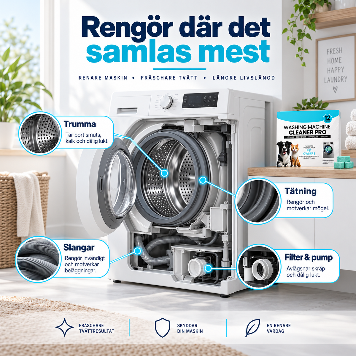 Rengöringstabletter för tvättmaskin – mot smuts, lukt, kalk och djurhår