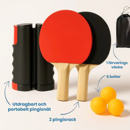 Portabelt bordtennis-set – Utdragbart pingisnät + racketar & bollar