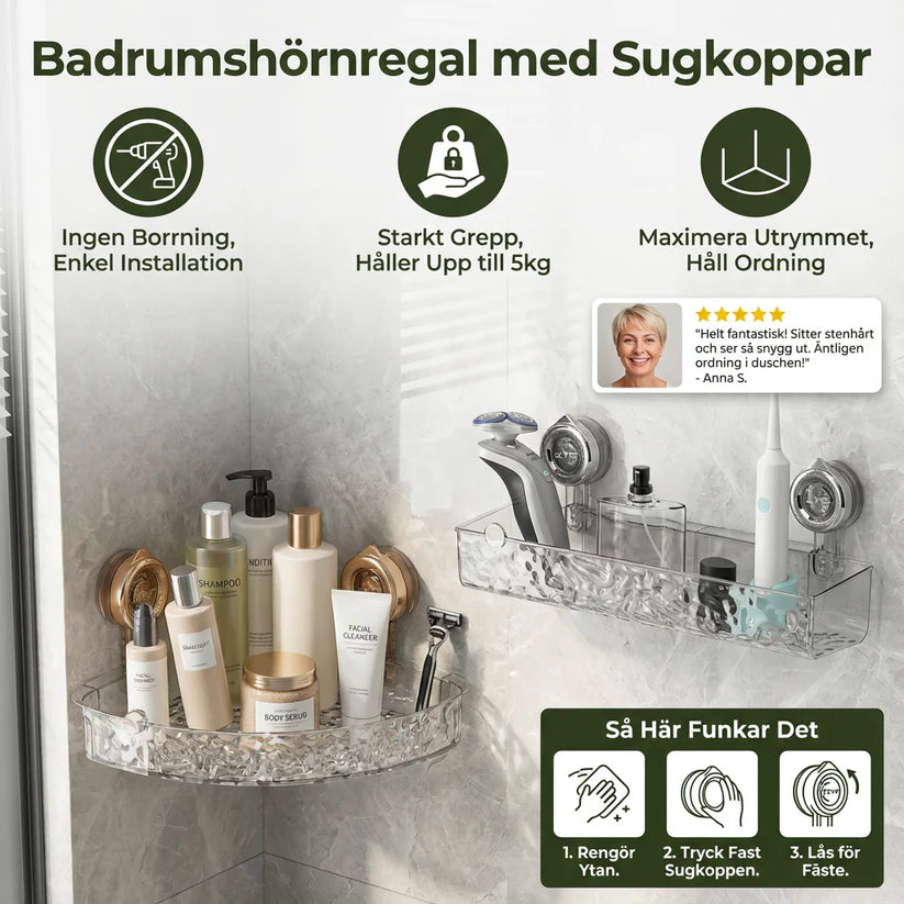 Badeværelseshjørnereol med sugekopper