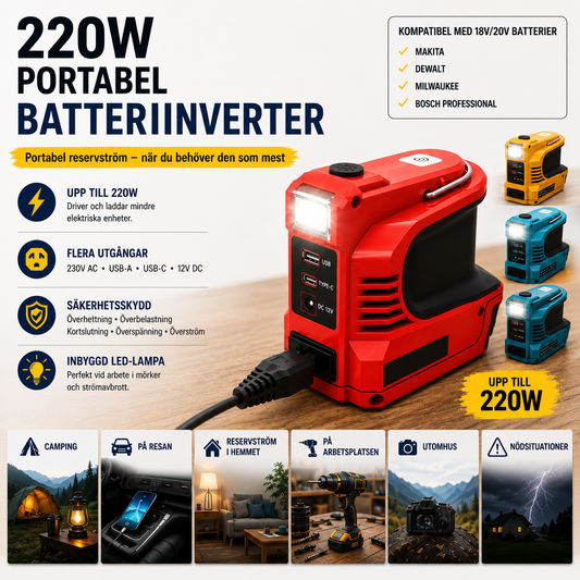 Portabel Batteriinverter 220W – Reservkraft för Makita, DeWalt, Milwaukee & Bosch