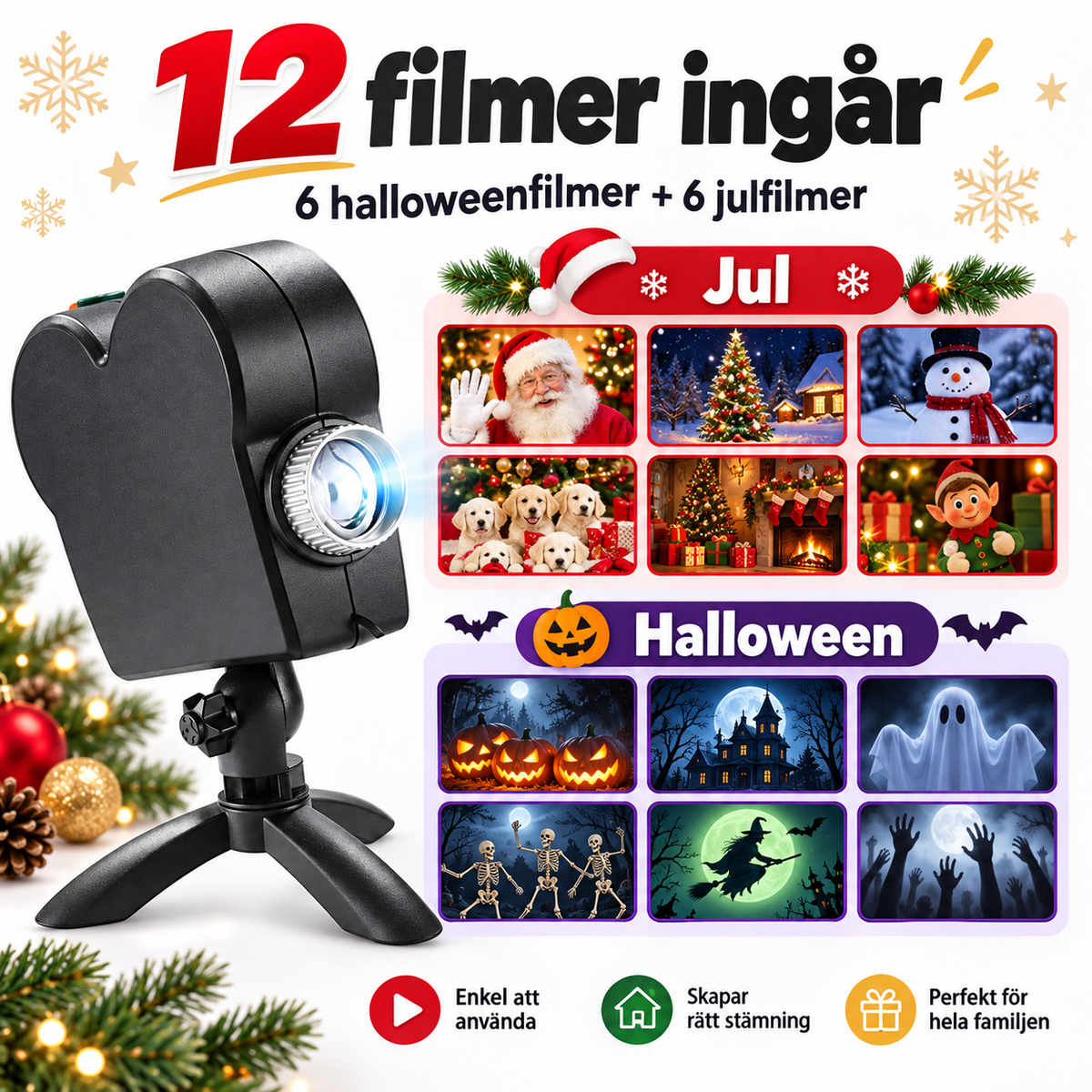 Fönsterprojektor för Halloween & Jul – 12 animerade filmer