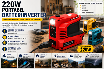 Portabel Batteriinverter 220W – Reservkraft för Makita, DeWalt, Milwaukee & Bosch