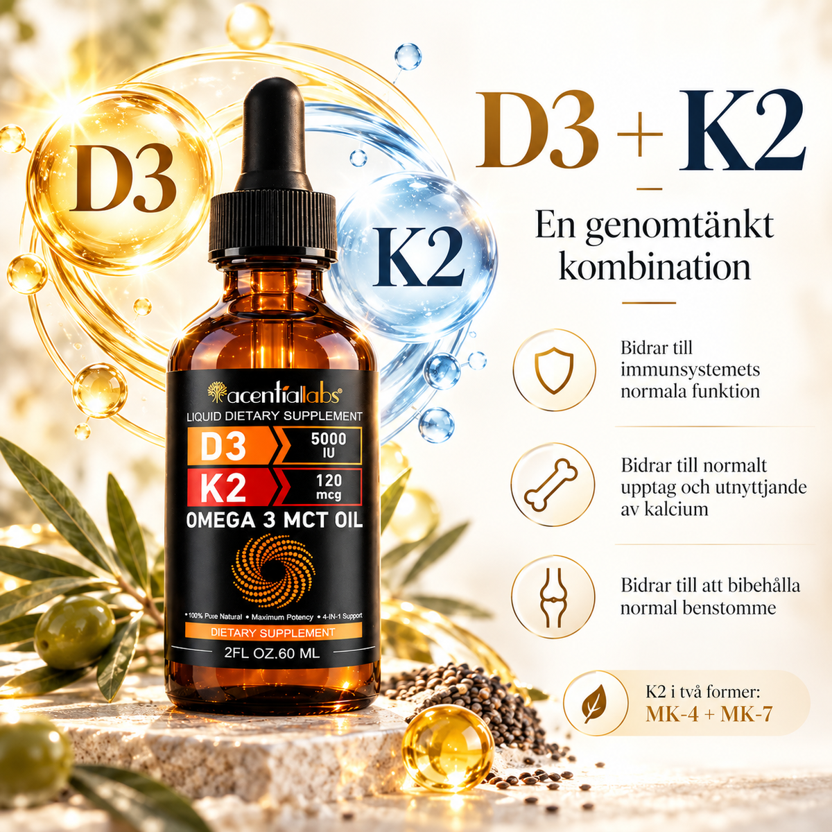 D3 + K2 + Omega-3 droppar – högkoncentrerad