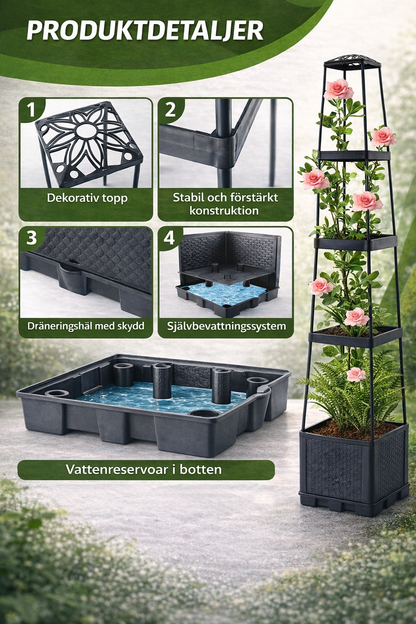 Selvvandende plantetårn med espalier - til blomster og klatreplanter