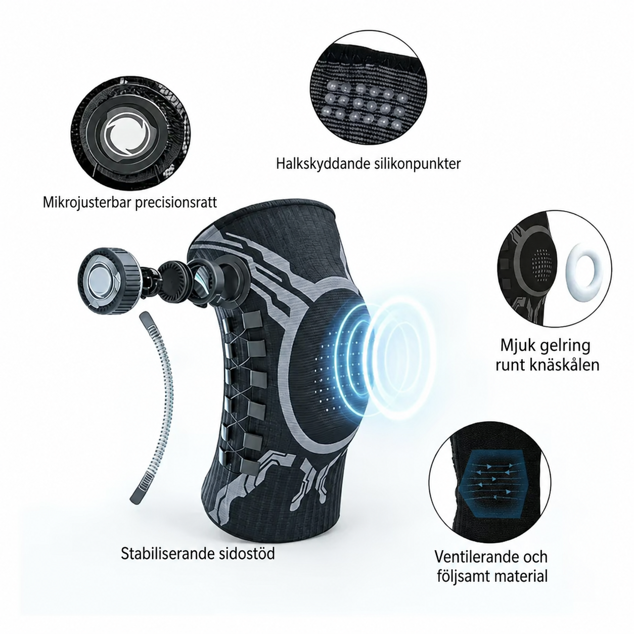 KneeFlex Pro™ – justerbart knästöd med precisionsratt