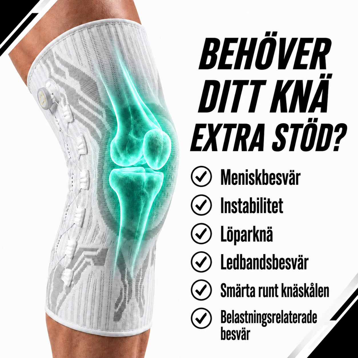 KneeFlex Pro™ – justerbart knästöd med precisionsratt