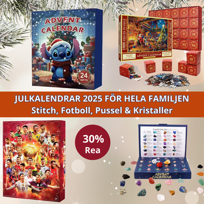 Adventskalendrar 2025 för hela familjen – Stitch, Fotboll, Pussel & Kristaller