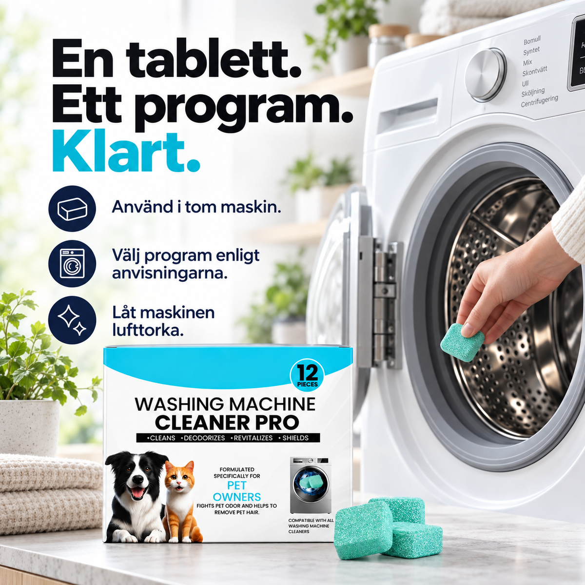 Rengöringstabletter för tvättmaskin – mot smuts, lukt, kalk och djurhår