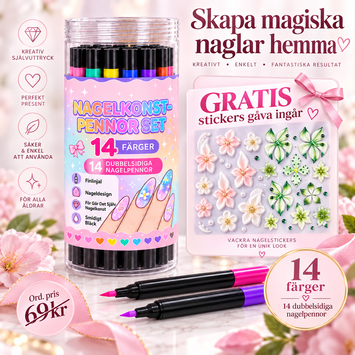 NailArt Studio – 14 dubbelsidiga nagelpennor + GRATIS stickers