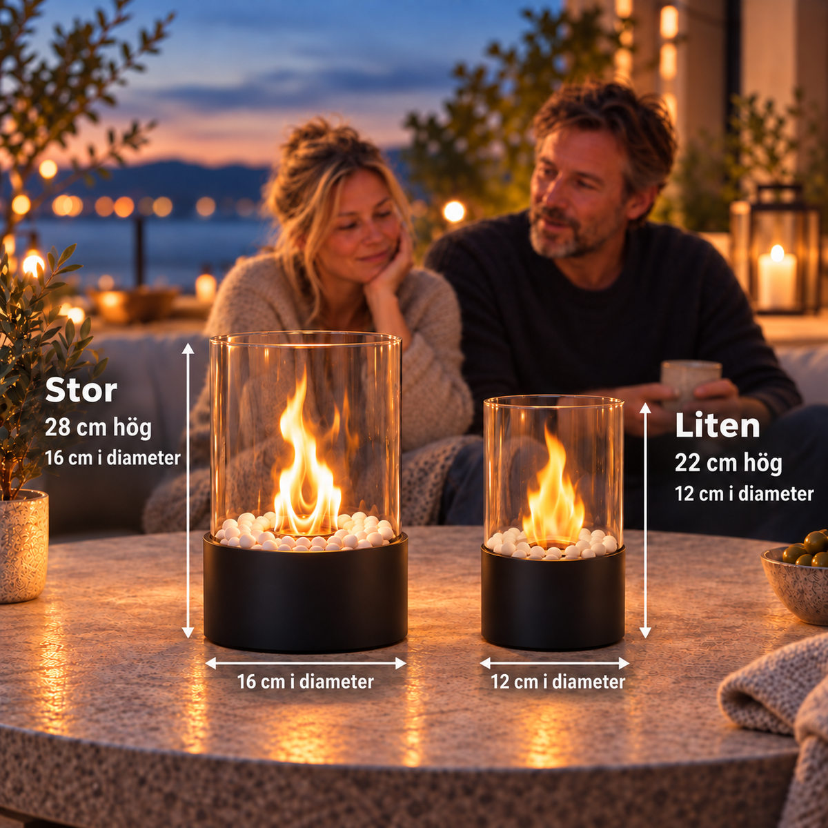 Stor och liten bordskamin med vita dekorstenar och mått