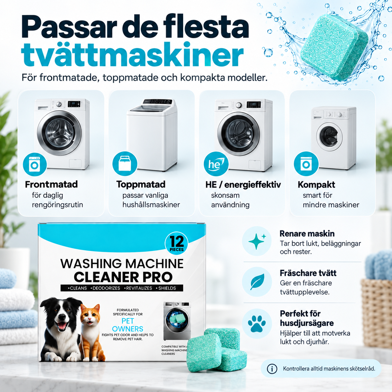 Rengöringstabletter för tvättmaskin – mot smuts, lukt, kalk och djurhår
