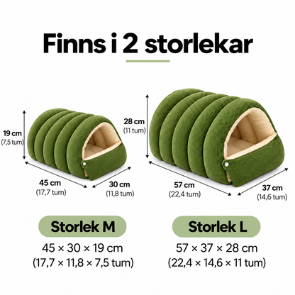 Storleksguide för hundbädd: M 45 × 30 × 19 cm, L 57 × 37 × 28 cm